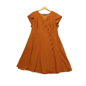 ModCloth Button Front Dress Plus Size 2X Rust Retro Pinup Rockabilly Pockets